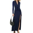 thumbnail image 3 of Female Long Sleeve Maxi Dress V Neck Wrap Waist Formal Long Cocktail Dresses Night Out Outfits Navy Blue M, 3 of 8