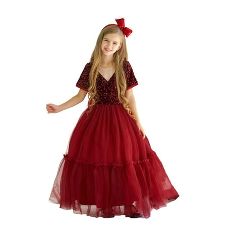 

Quealent Girls Dress Female Big Kid Dresses Baby Girl Toddler Girls Christmas Short Sleeve Bowknot Solid Color Sequin Tulle Mommy and (Red 7-8 Years)