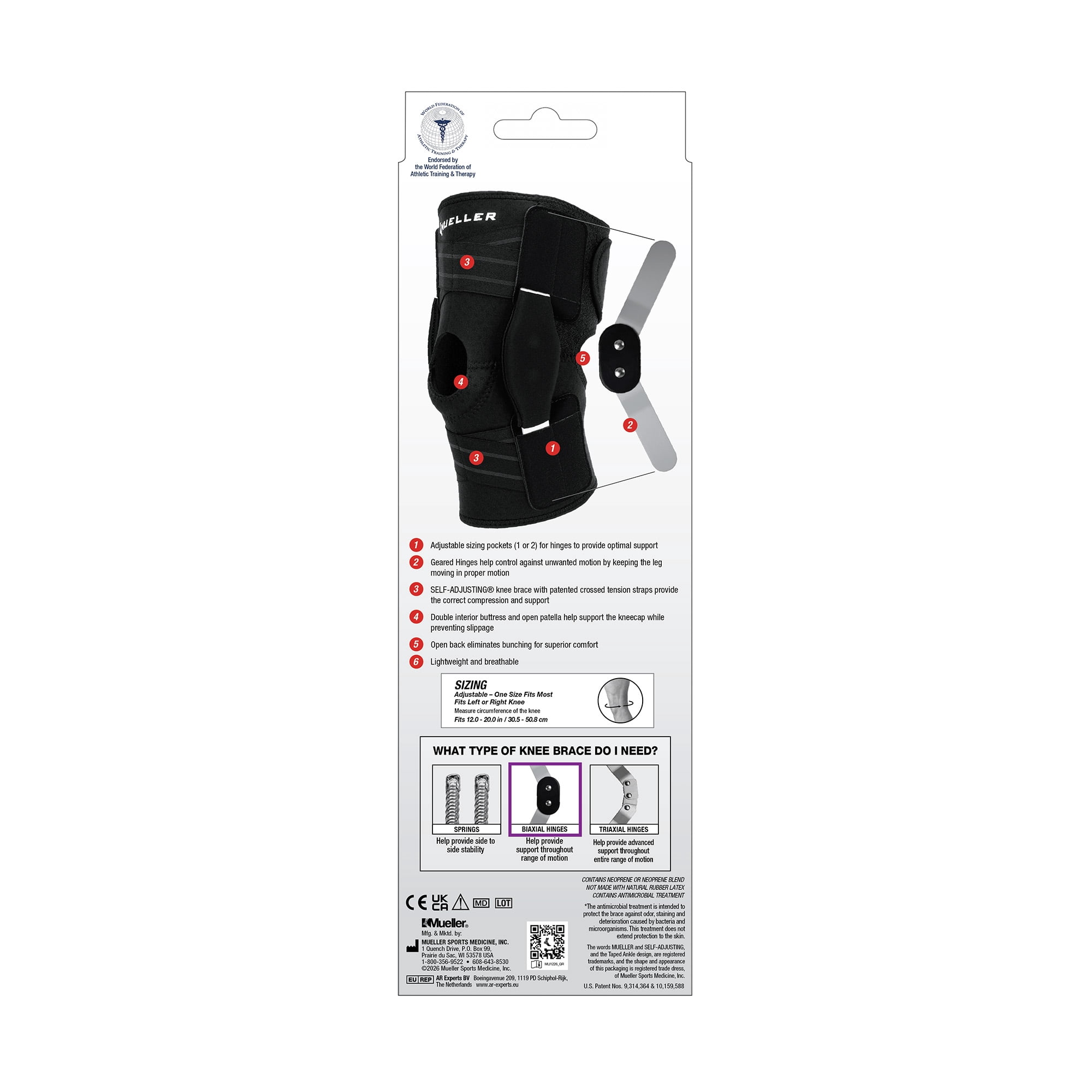 (4 pack) Mueller Adjustable Hinged Knee Brace, Black, One Size Fits Most