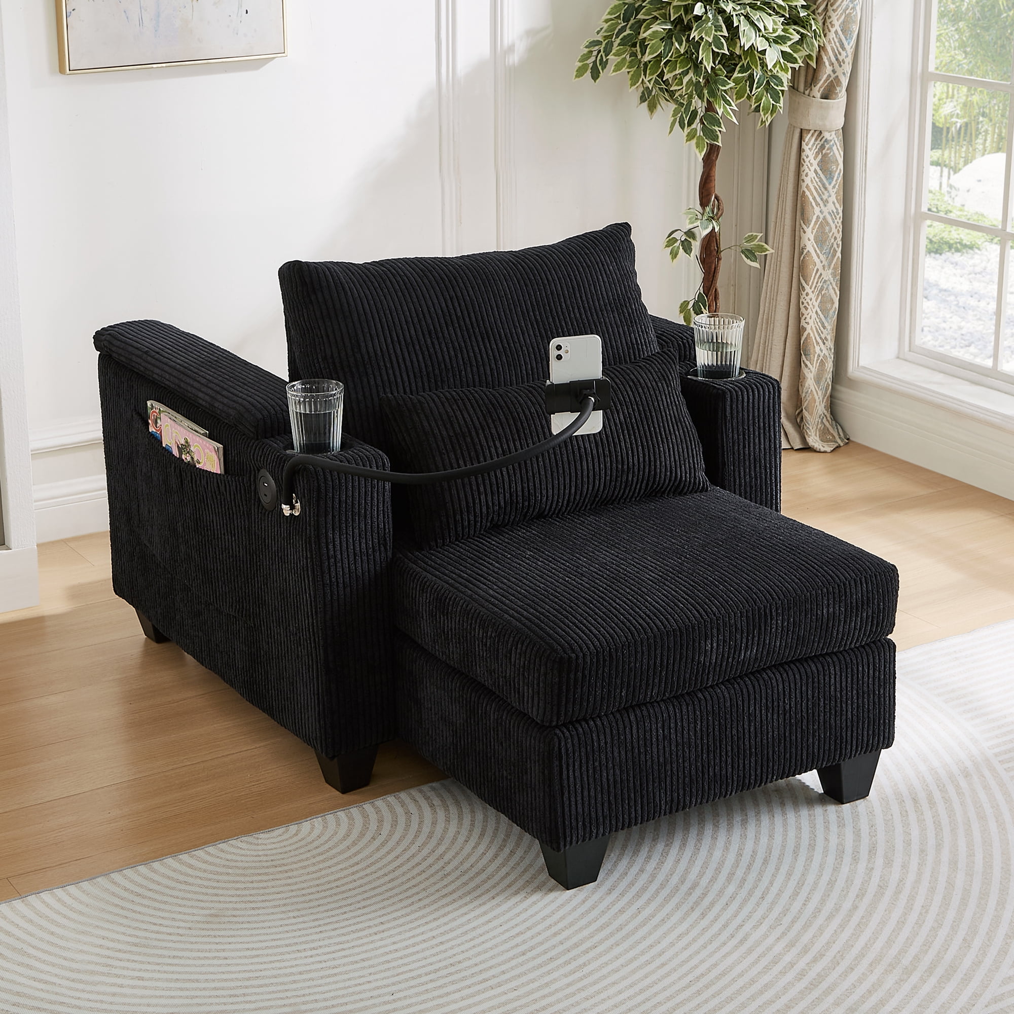 Euroco Convertible Sofa Chair with Chaise Lounge Extension, Hidden Armrest Storage, USB Charging Ports, Phone Holder & Cup Holders, Corduroy Fabric Recliner with Lumbar Pillow, for Small Spaces