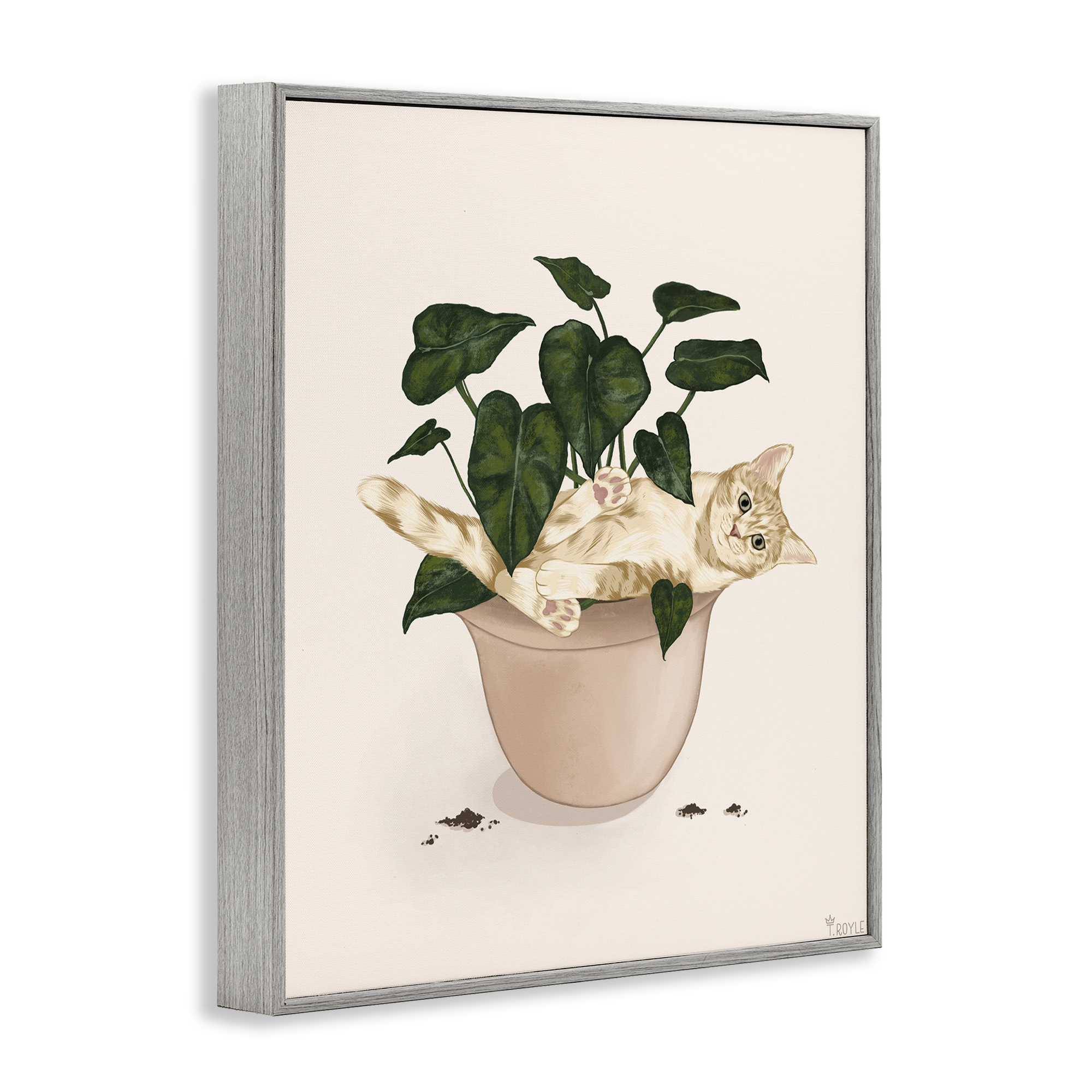 Stupell Industries Funny Cat in House Plant Animals & Insects Painting Gray Framed Art Print Wall Art, 11 x 14