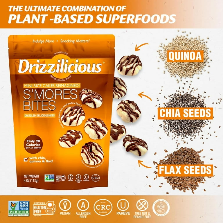Drizzilicious Smores 4 Ounce 2 Pack Bites | Mini Snack Chocolatey Rice Cakes