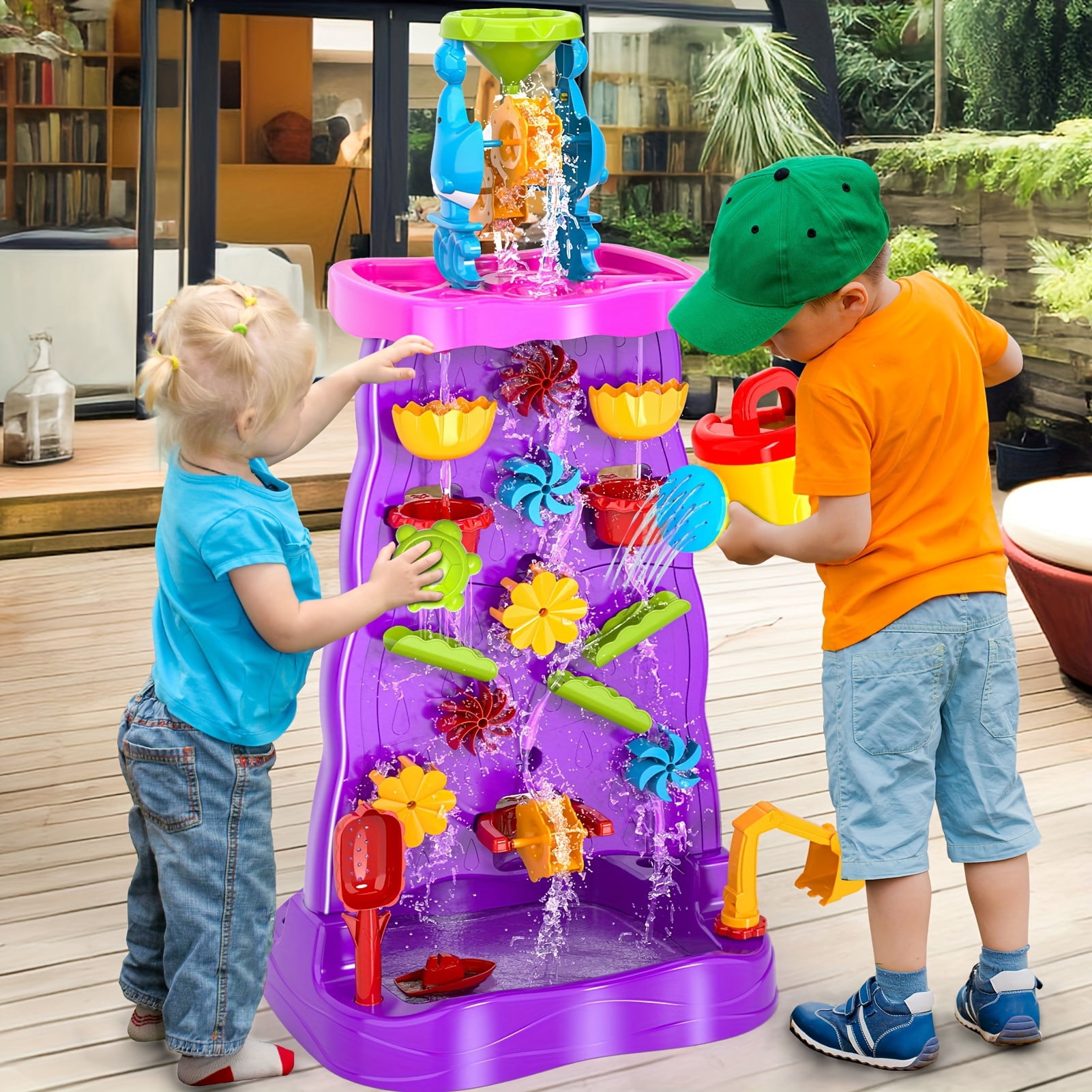 Kids Waterfall Water Table Play Set -Purple- Double-Sided Waterfall Discovery Wall, With Shovels, Buckets, Sea Creatures for Outdoor Backyard Beach Sensory Play, Gift for Boys Girls Age 3+