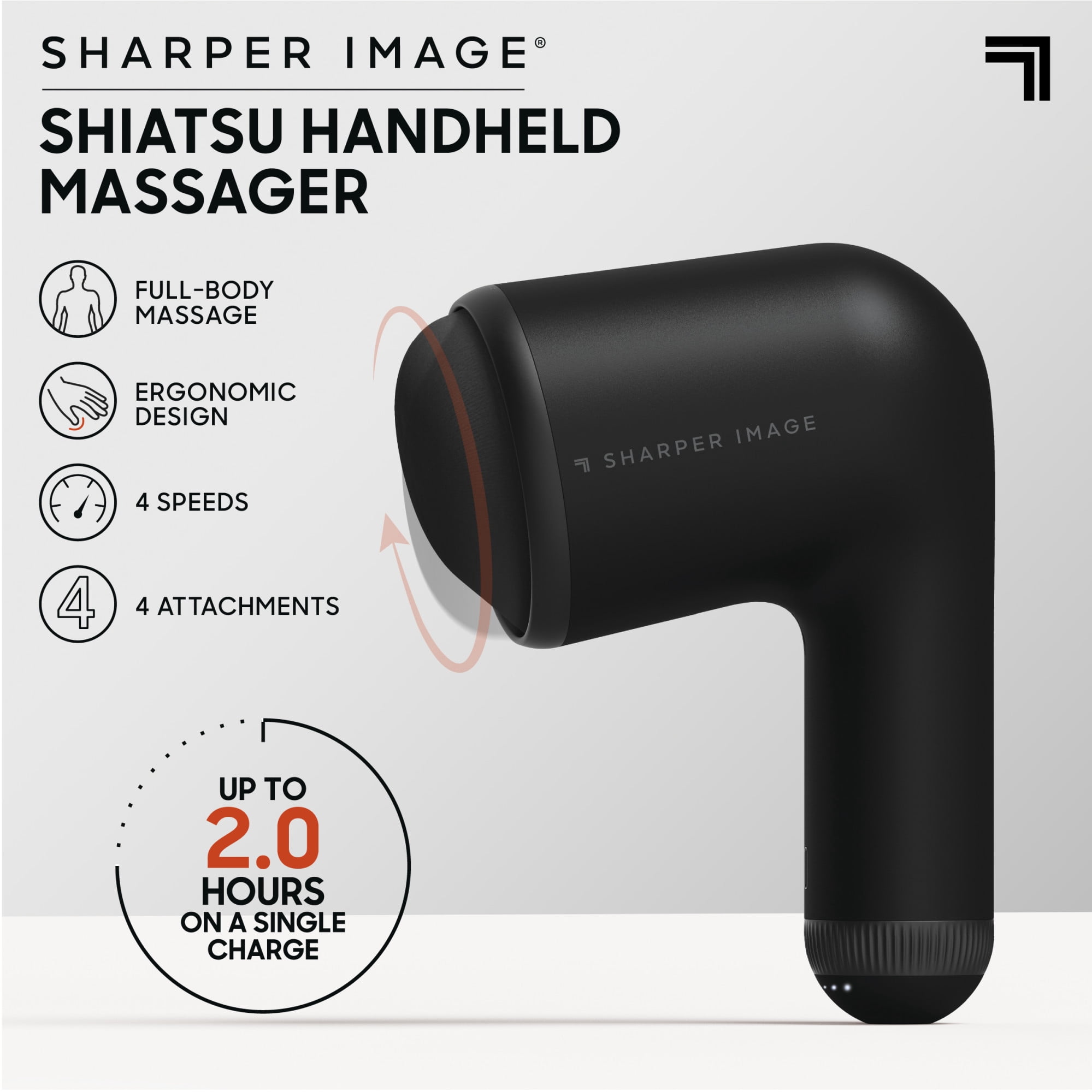 Sharper Image® Shiatsu Handheld Massager, Cordless Rechargeable Electric Massager, Deep Tissue, 4 Speed Settings, 4 Interchangeable Attachments, Ergonomic Handle, USB-C Charging