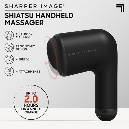 SHARPER IMAGE® SHIATSU HANDHELD MASSAGER, CORDLESS RECHARGEABLE ELECTRIC MASSAGER, DEEP TISSUE, 4 SPEED SETTINGS, 4 INTERCHANGEABLE ATTACHMENTS, ERGONOMIC HANDLE, USB-C CHARGING