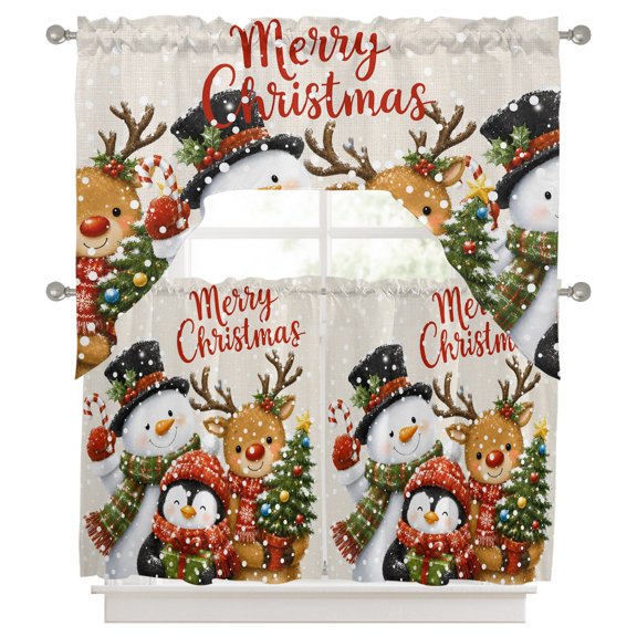 Merry Christmas Swag Curtains Valance and Tier Set, Winter Snowman Reindeer Penguin Xmas Tree Beige Swag Curtains Drapes Rod Pocket for Kitchen Bathroom Small Window, 3 Pieces 56x36in 27.5x24*2