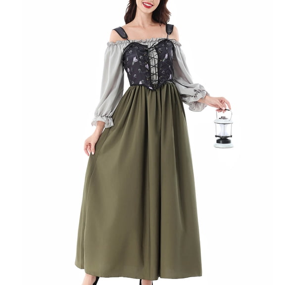 Karymi Plus Size Dresses Medieval Peasant 2 Piece Dress Set, Off Shoulder Puff Sleeve Maxi Dress With Floral Lace-Up Corset Vest Oktoberfest Dress