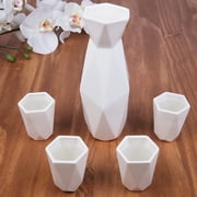 DEco 5 Piece Traditional Porcelain Japanese Sake Set, White - 1 Tokkuri Bottle (18 oz) and 4 Ochko Cups - Unique Modern Design - Great Gift Set for Weddings, Housewarmings