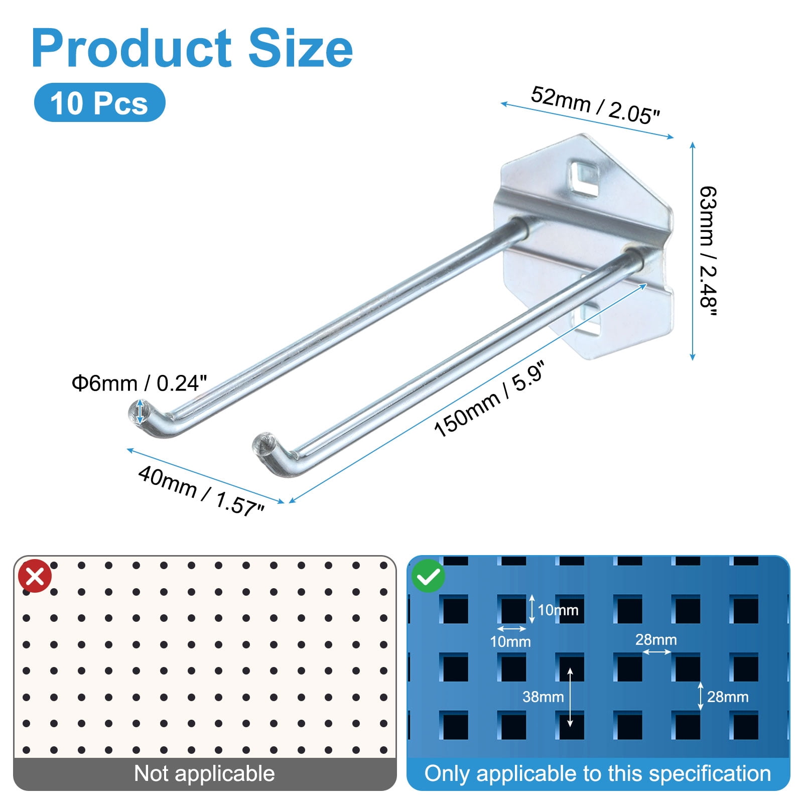 Uxcell 10Pcs Metal Square Peg Board Hooks, 5.9" Heavy Duty Square Hole Peg Hook for 3/8" Spaced Pegboards, Silver