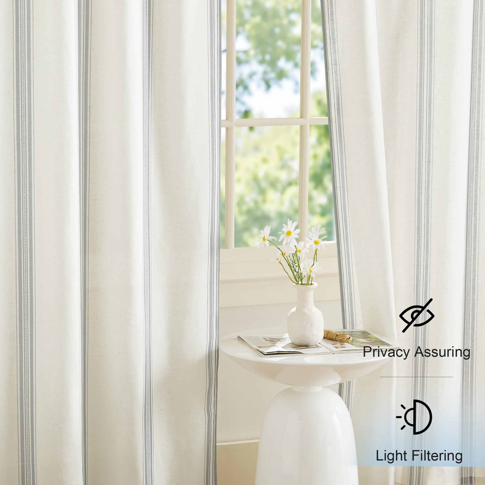 NICETOWN Blue Striped Curtains for Living Room, Linen Curtains Light Filtering Back Tab Farmhouse Rustic Drapes for Bedroom, 52"x84", 2 Panels