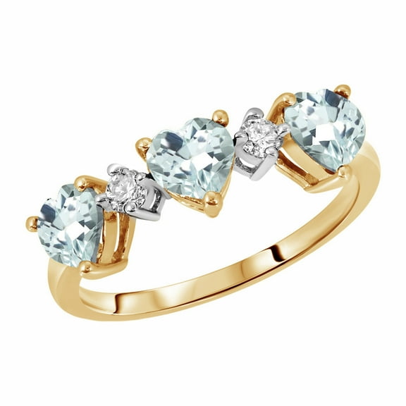 Galaxy Gold 14K Solid Yellow Gold Ring Triple Heart Design with Natural Diamonds and Natural Aquamarines 1.35 CTW (6.5)