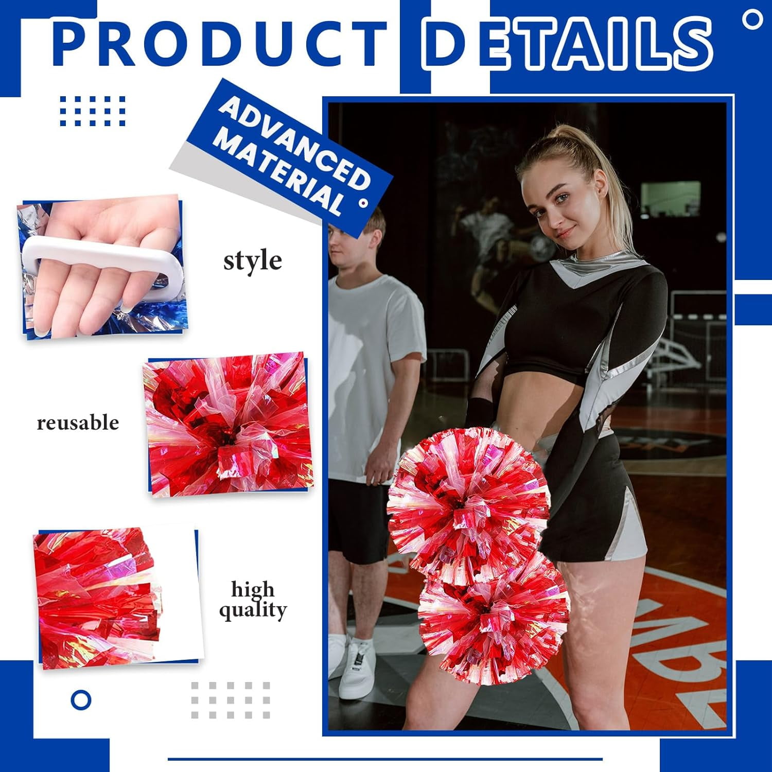 Cheerleader Pom Poms 24 Pack Sports Dance Cheering Plastic Metallic Cheerleading Pom Poms for Kids Adults