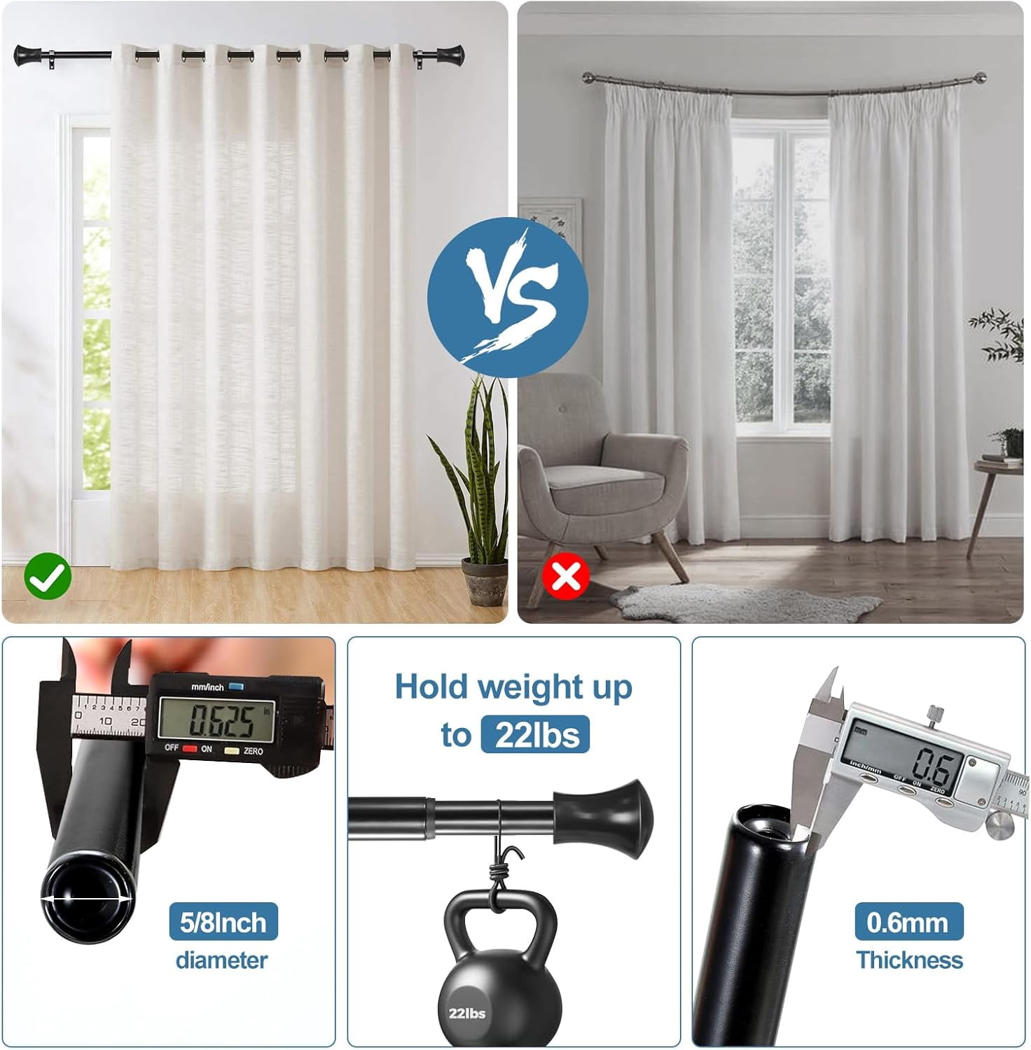 Urbanest Adjustable Single Curtain Rod Set Buckingham Finials – 5/8-Inch Diameter, With Black Rod, 48–84 Inches