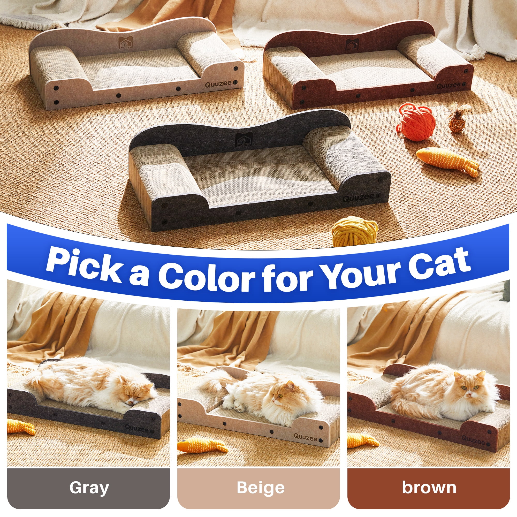 Quuzee 26-Inch Large Cat Scratcher Lounger Bed, Durable Cat Scratching Pad, Cat Scratch Board for Indoor Cats, Corrugated Cardboard Cat Scratcher Bed to Lounge and Scratch, Furniture Protector, Beige