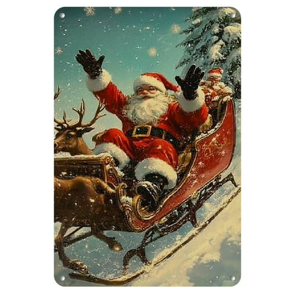 1pc of YNLLOOFC Vintage Christmas Metal Tin Sign - Santa Claus with a Sleigh And Reindeer, Suitable for Home, Office, Restaurant, Garage, Indoor And Outdoor Wall Art, Measuring 8X12 Inches
