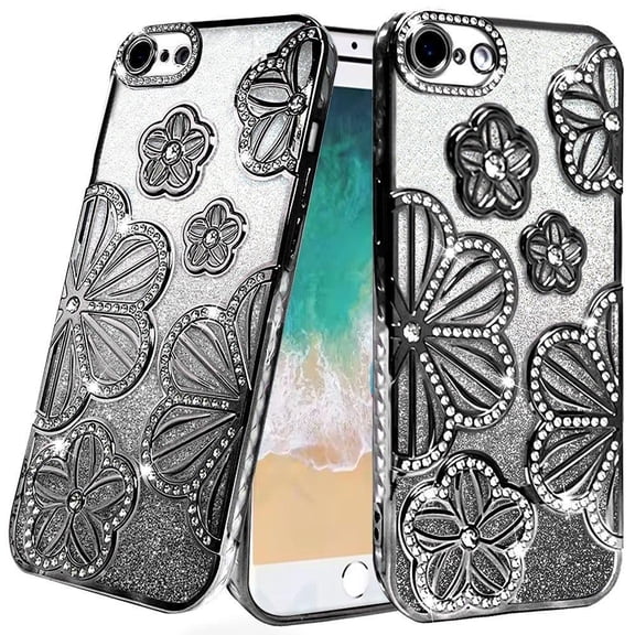 For iPhone 16e/17e Case Bling Floral 3D Rhinestones Glitter Tempered Glass