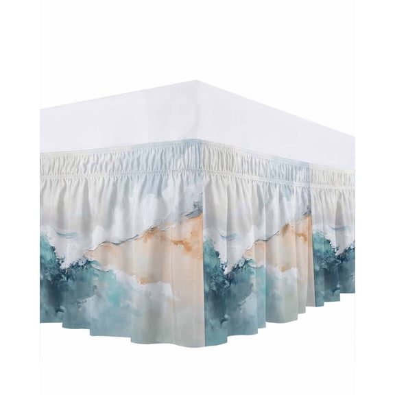 Abstract Waves Beach Art Bed Skirt King Size 16" Drop Oil Painting Style Blue Sea Ruffled Wrap Around Bed Skirts Adjustable Elastic Bedskirt Dust Ruffle for King Size Bed
