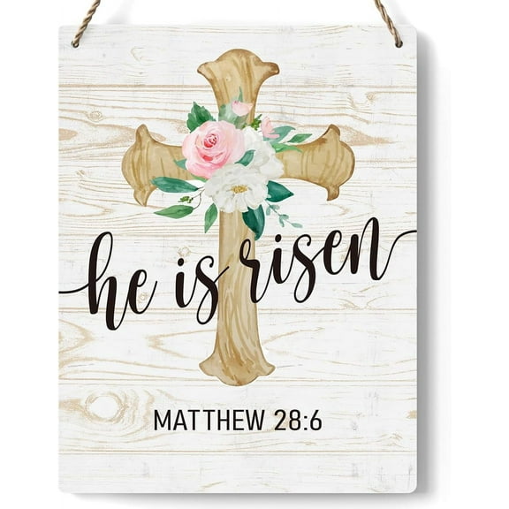 Novelty Easter Decorations Door Sign for Home, He Is Risen Matthew 28:6 Hanging Sign for Rustic Farmhouse, Easter Front Door Wall Home Decor 8x12 Inch