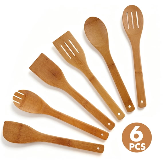 Guirnd Bamboo Wooden Cooking Utensil Set 6Pcs, Natural outdoor indoor Kitchen Utensils for Everyday Use, Easy to Clean Carbonized Spoons and Spatulas for Nonstick Cookware