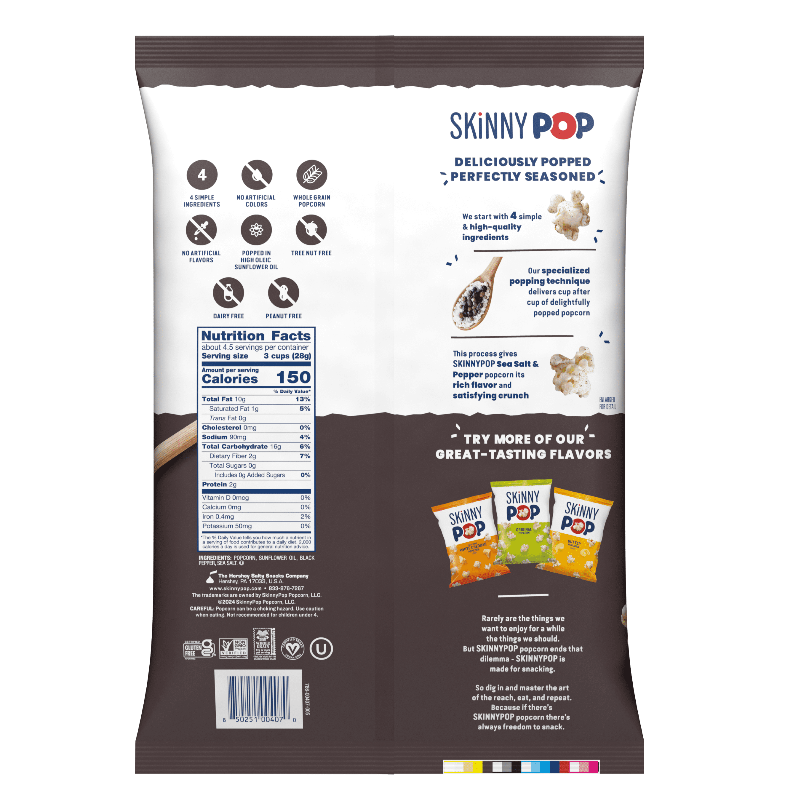 (3 pack) SkinnyPop Gluten-Free Sea Salt & Black Pepper Popcorn Snack, 4.4 oz