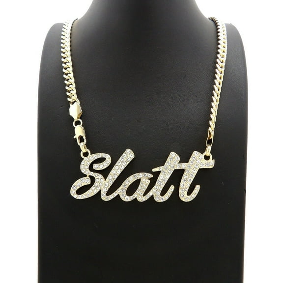 HIP HOP ICED GOLD PLATED SLATT (SMILE LOVE ALL THE TIME) PENDANT & 6mm 24" MAIMI CUBAN CHAIN BLING NECKLACE