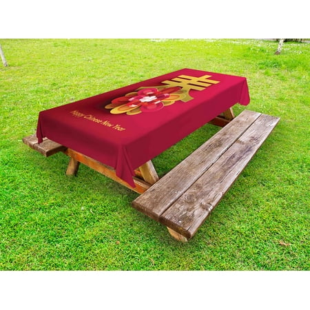 

Chinese New Year Outdoor Tablecloth Lunar Festival Theme with a Flower Motif and Chinese Letter on Pink Decorative Washable Fabric Picnic Tablecloth 58 X 120 Inches Magenta and Gold by Ambesonne
