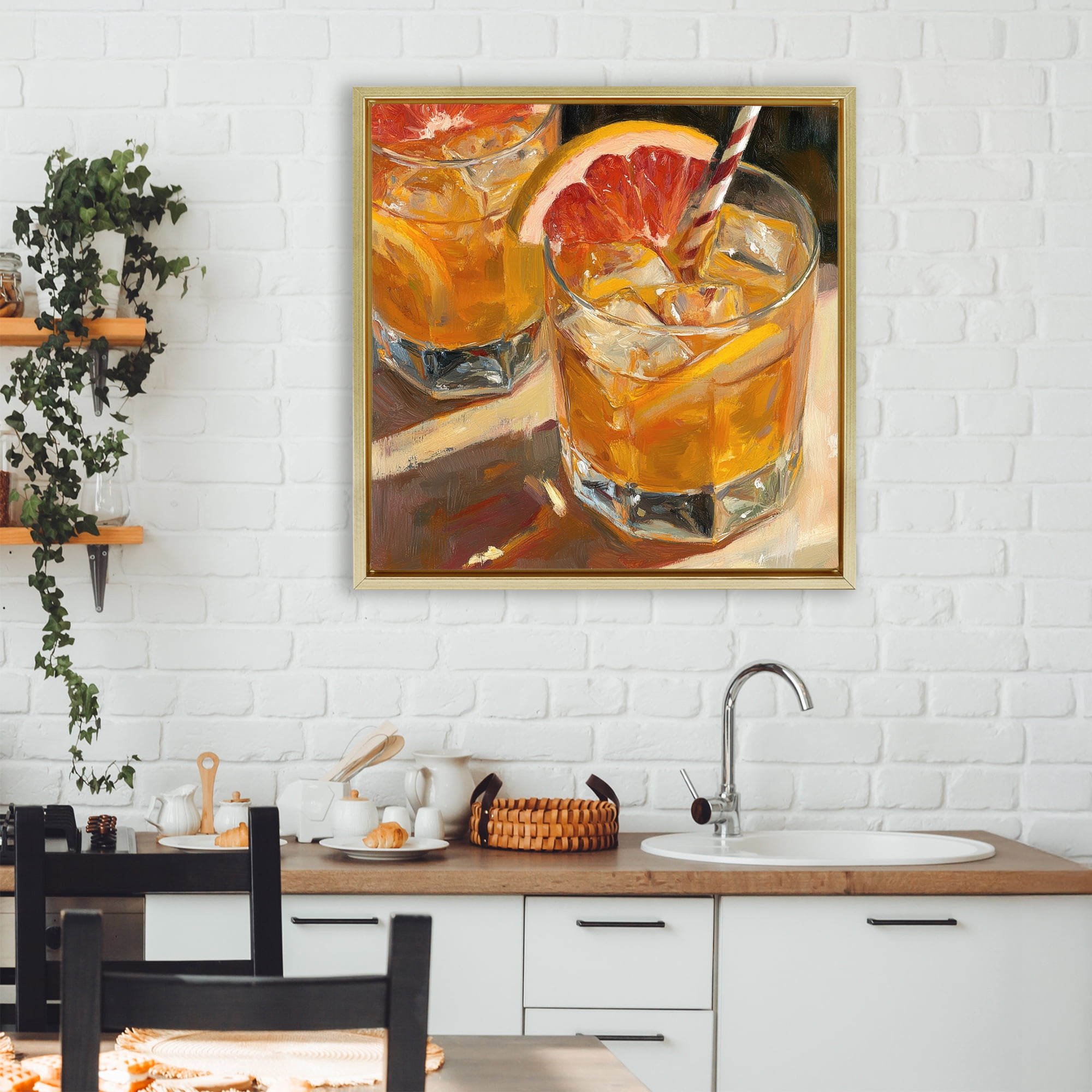 Stupell Industries Grapefruit Cocktail with Ice Cubes Gold Framed Floater Canvas Wall Art, design by Petal Prints Design