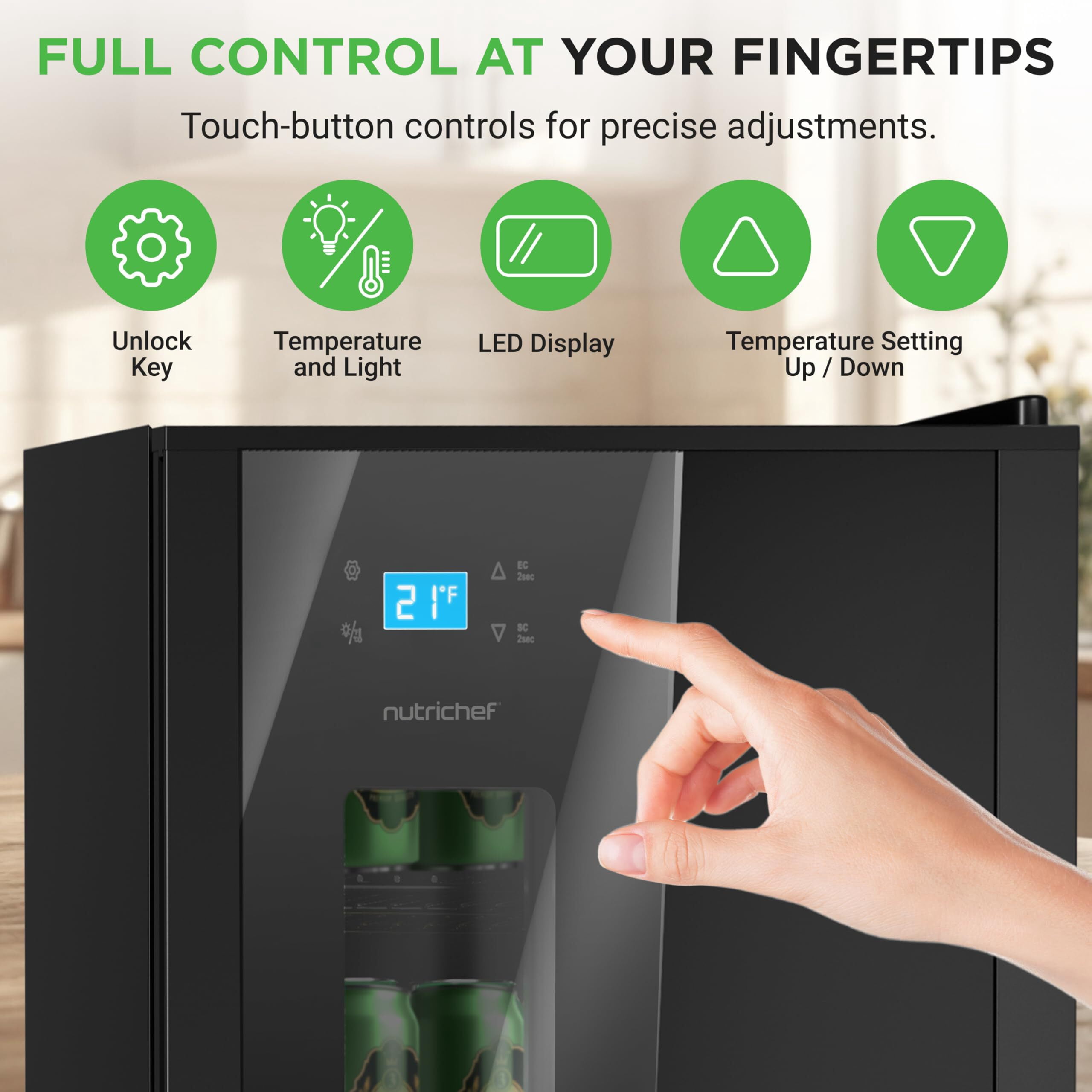 NutriChef NCBEERCL100 Fridge, Freestanding Beverage Refrigerator for Beer and Soda, Adjustable Temperature 21°F to 64°F, 108 Can Capacity-19 x 17 x 33 IN, Black