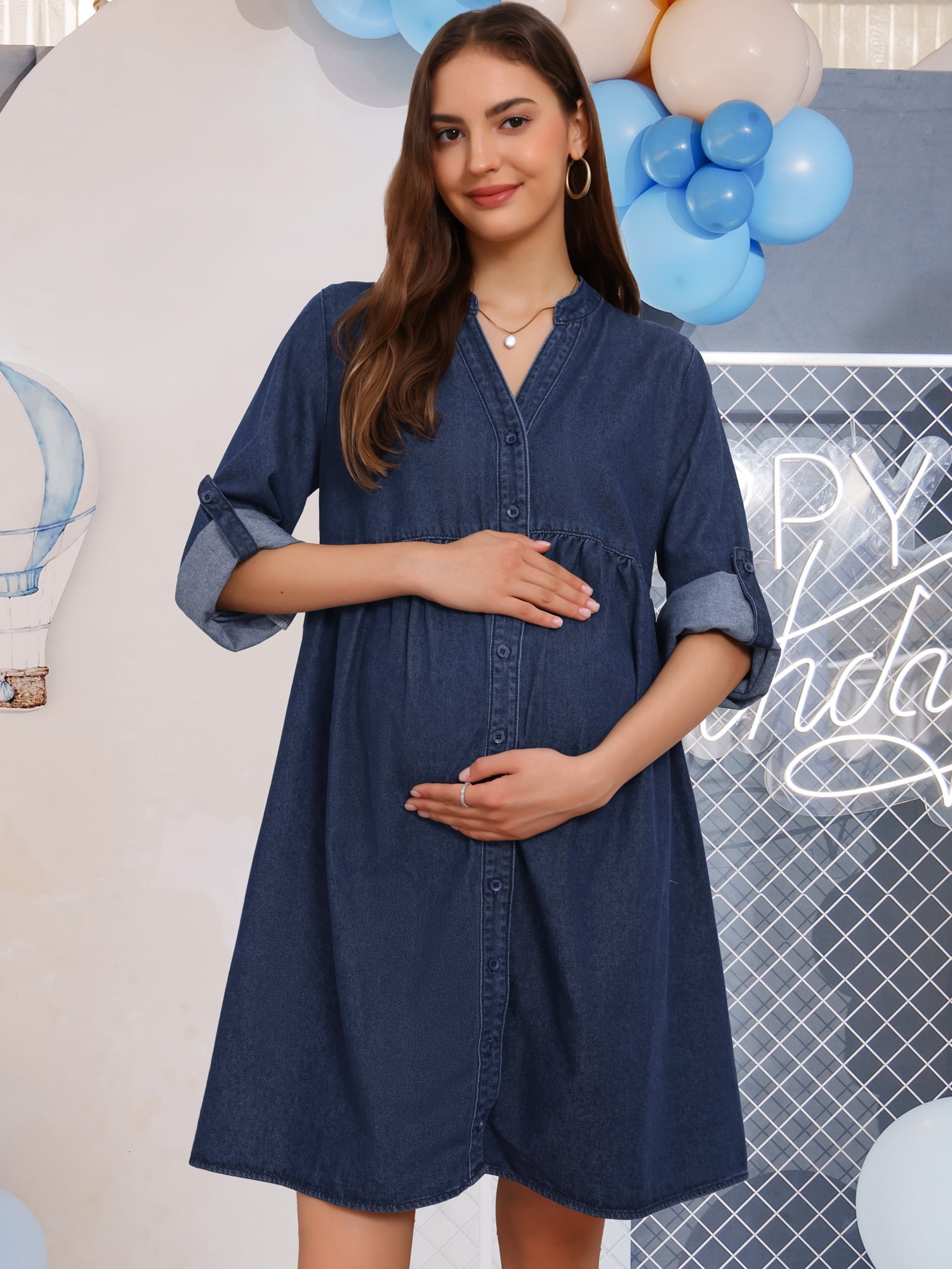 DARING DIVA Women's Maternity Denim Dress Long Sleeve Babydoll Nursing Dress 2XL Deep Blue