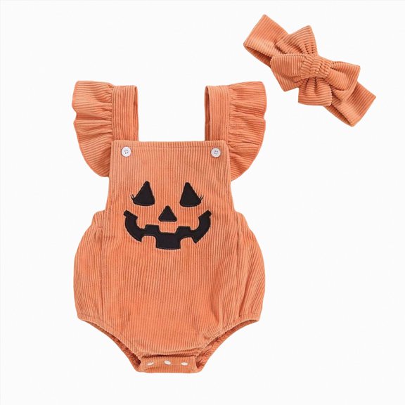 Jkety Girls Halloween Outfit Baby Girl Clothes Ruffle Backless Pumpkin Romper Bodysuit Fall Outfit Orange,6-12 Months