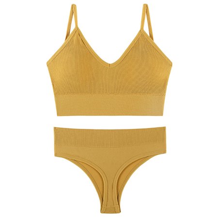 

Women Wheel-Free Bra and Thong Set Rib Underwear High Cut Panties