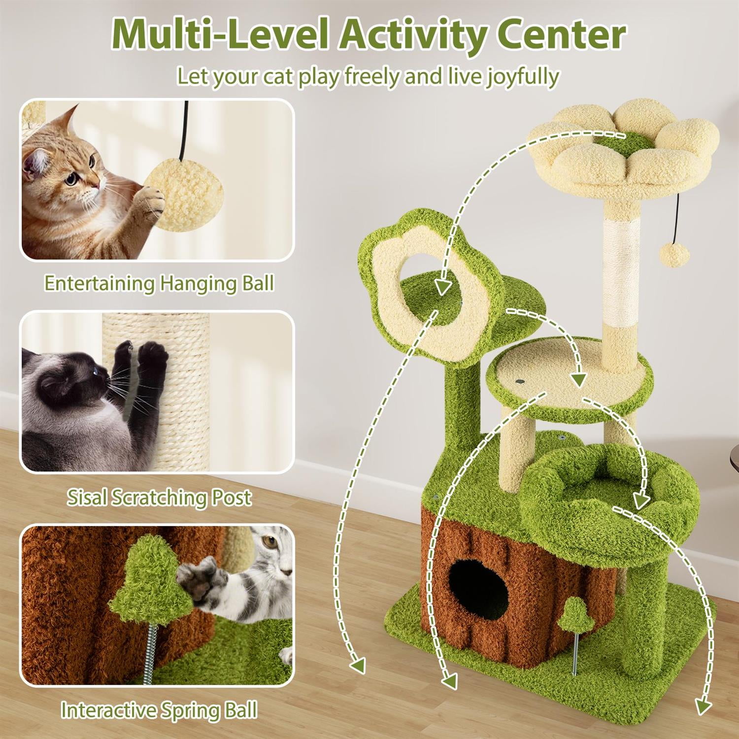 Pefilos Cute Multi-Level Cat Tree for Adult Cats, Trunk Condo & Flower-shaped Perch, Sisal Posts & Hanging Toys, Green