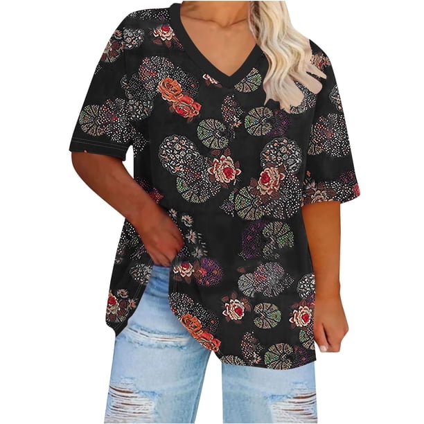 Camisetas de Verano de las Mujeres con Cuello en V de Manga Corta Impresa, Camiseta Deportiva para Uso Casual Y Diario
