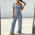 thumbnail image 5 of Pounoo Women's Loungewear Sets Ribbed Square Neck Stripe Short Sleeve Top And Wide Leg Pants Two Piece Outfits Daily Wear Soft Stretchy Comfortable Loungewear Gift, 5 of 6