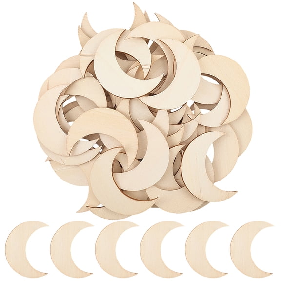 50Pcs 2.4 x 1.9 Inch Small Wood Moon Cutouts Unfinished Wood Plaques Blank Natural BurlyWood Crescent No Hole Piece Slice Ornaments Embellishments