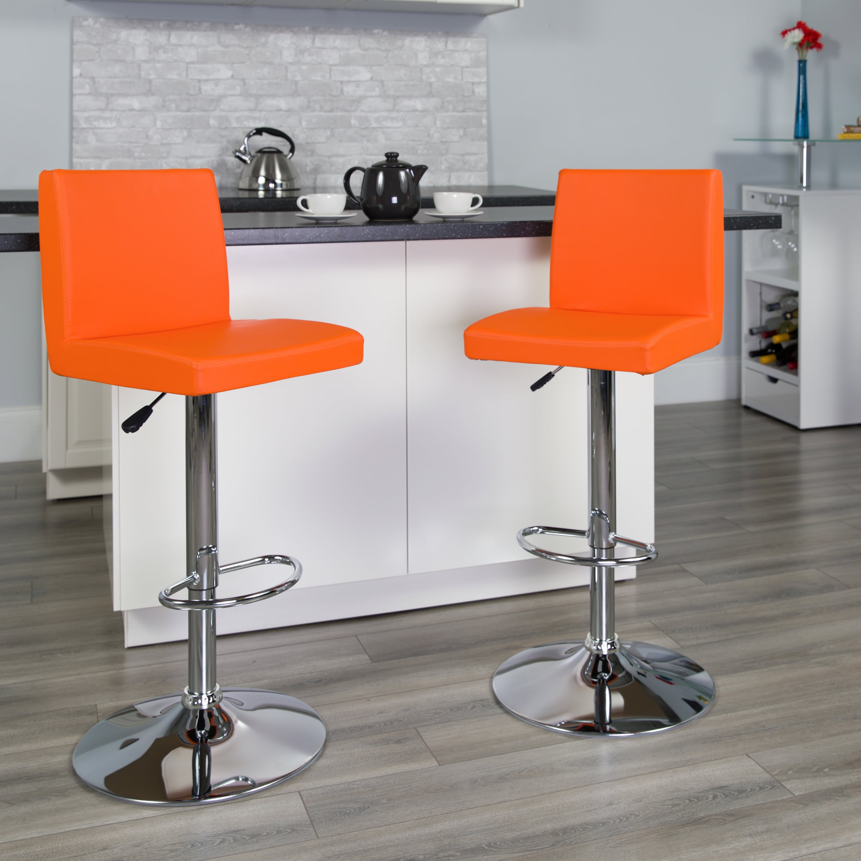 Contemporary Orange Vinyl Adjustable Height Barstool with Chrome Base