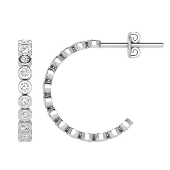 Dazzlingrock Collection Bezel Set Round White Diamond Semi Circle Pushback Hoop Earrings for Women in 14K White Gold