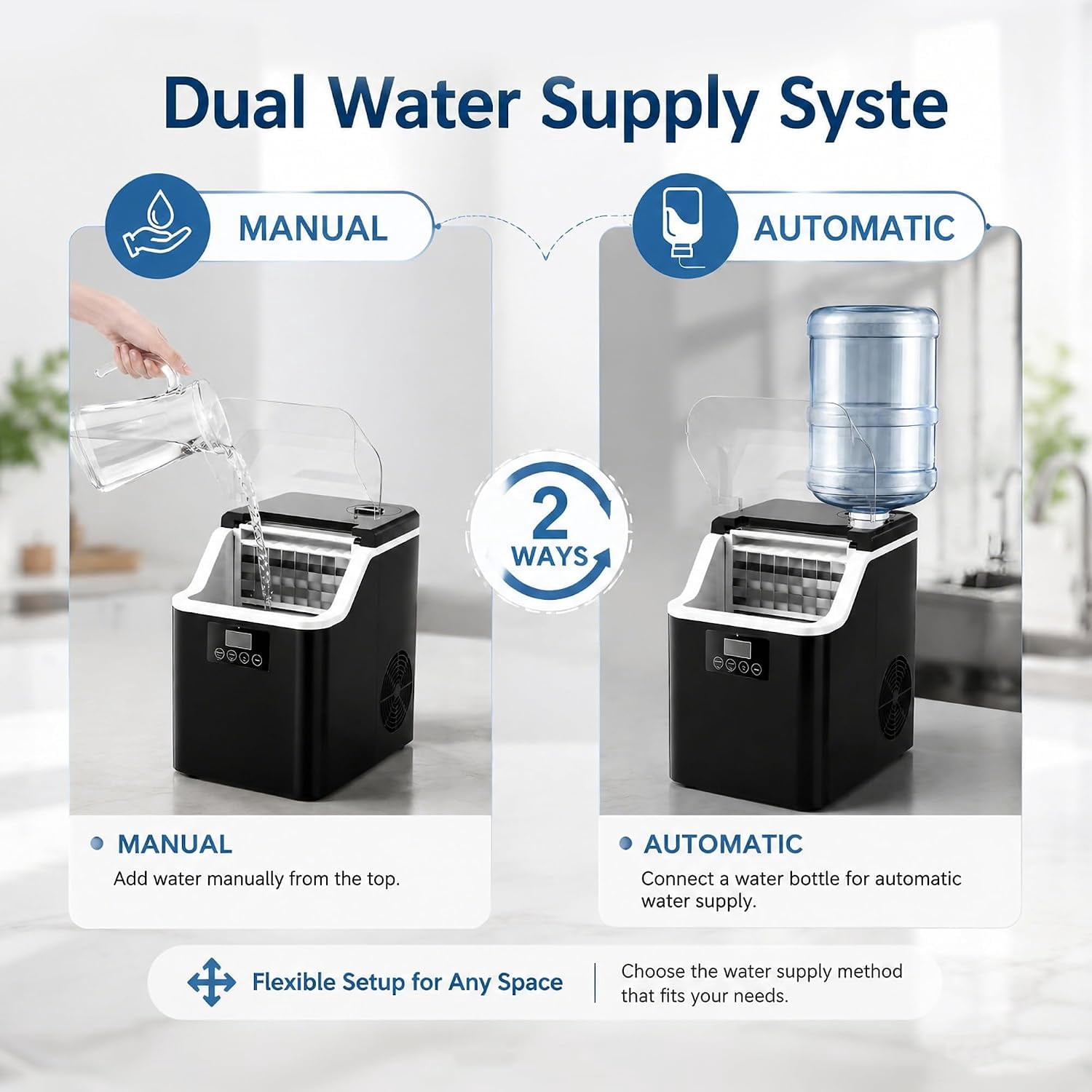 Countertop Square Ice Cube Maker Machine 45lbs/Day, 24 Cubes Per Cycle 6-13 Mins Fast Ice, Timer Auto Self Clean Manual & Auto Water Connect for Home Bar Office