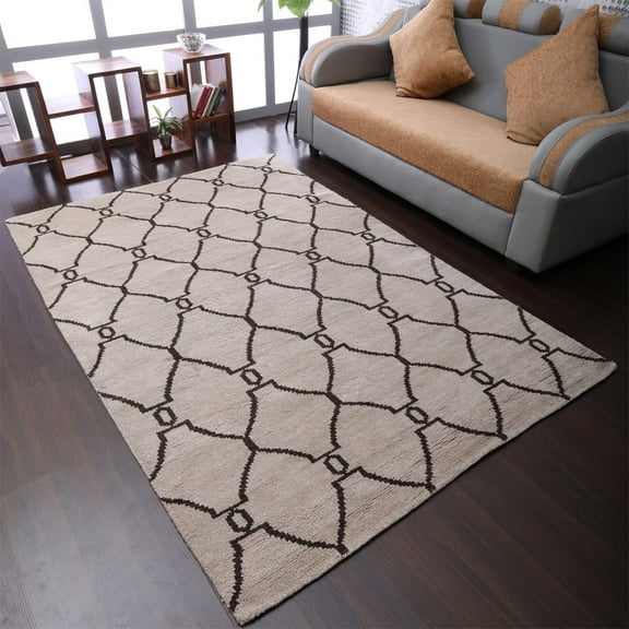 Hand Knotted Wool Geometric Modern Area Rugs - 8'X10', Rectangle Shape, Beige Brown Color, Classic Traditional Design, Low Pile Handmade Area Rugs For Living Room, Bed Room (N01103)