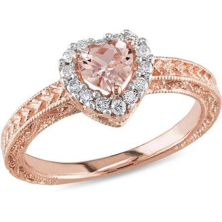 1/2 Carat T.G.W. Morganite and 1/7 Carat T.W. Diamond Rose Rhodium-Plated Sterling Silver Heart Ring