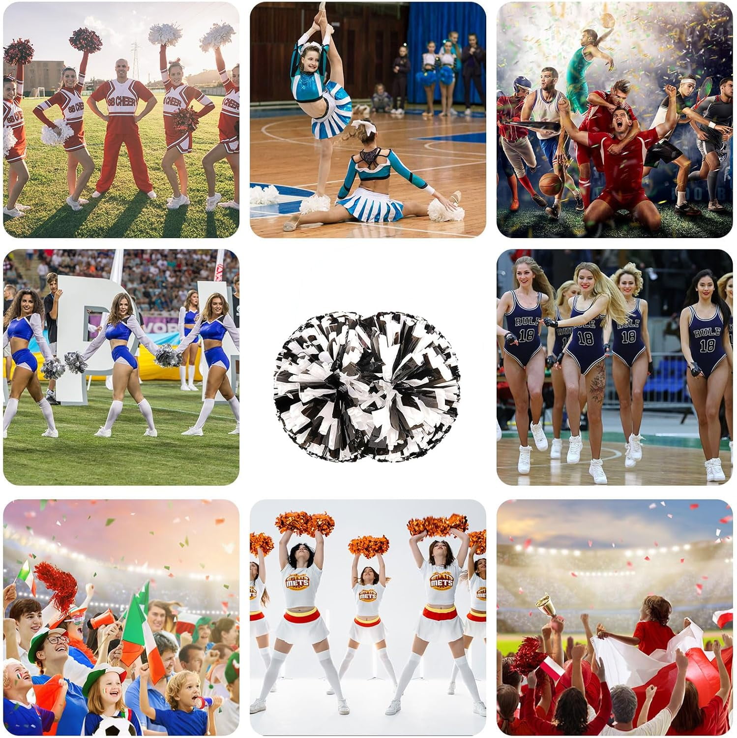 Cheerleader Pom Poms 12 Pack Sports Dance Cheering Plastic Metallic Cheerleading Pom Poms for Kids Adults