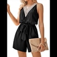 thumbnail image 2 of Mono Corto Sexy de Verano para Mujer con Cuello en V, Sin Mangas, Informal, con Lazo en la Cintura y Bolsillo, 2025 Negro L, 2 of 8