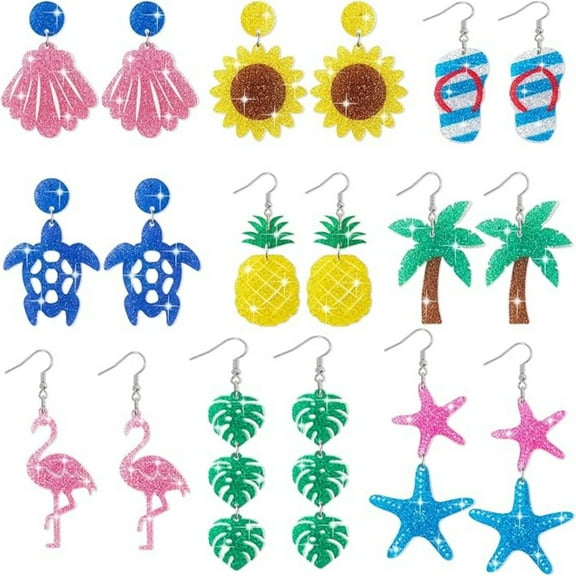 Haooryx Hawaiian Beach Earrings for Women,Coconut Palm Leaf Acrylic Glitter Ear Hooks