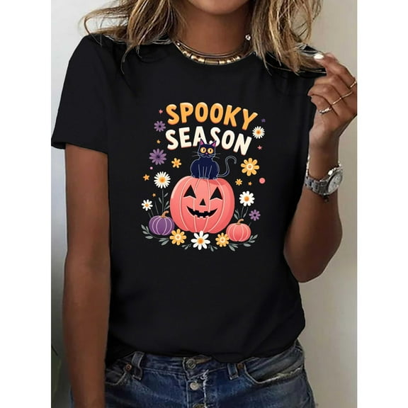 Women's Halloween T-Shirt - Pumpkin Cat Graphic Tee with Spooky Season Text - Comfortable Short Sleeve Top,Classic,cotton,black,S-5XL