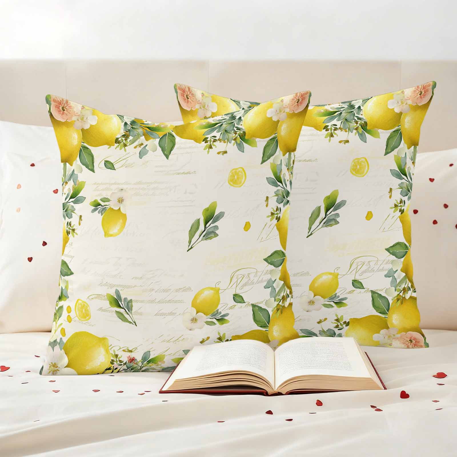 Vintage Lemon Outdoor Waterproof Pillow Covers, Summer Fruit Rustic Botanical Floral Decorative Square Throw Pillowcase Sofa Cushion Sham for Patio/Couch/Chair, 16"x16" 2 Pack