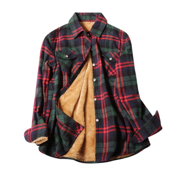ZsaeSM Fleece Lined Plaid Shirts for Women Button Down Lapel Jacket with Chest Pockets Fall winter Warm Fashion Shirt Army Green L
