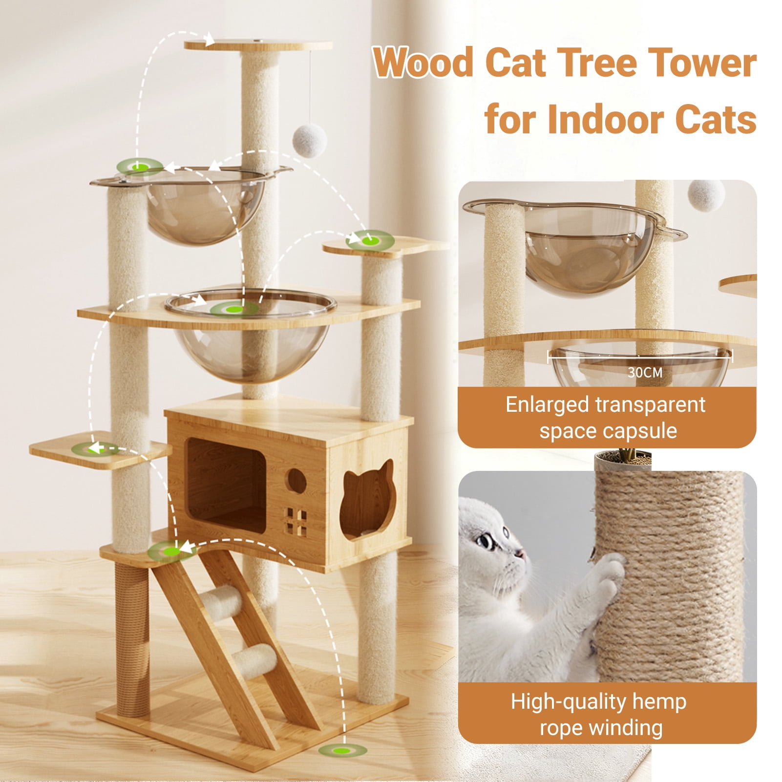 Vacmaster 59" Modern Cat Tower, Wood Cat Tree Tower for Indoor Cats, Cat Treewith Sisal-Covered Scratching Posts and Top Perch, Cat Condo with Acrylic Hammock for Small Large Cats
