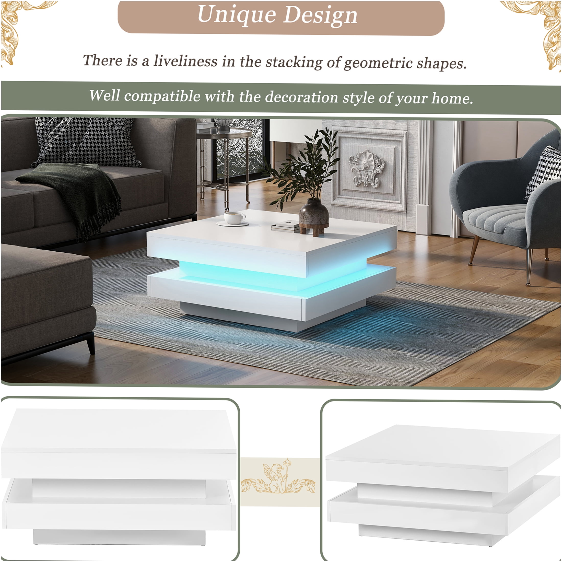 JERFIT 31.5 inch Modern LED Coffee Table with Lights, 2-Tier Square Center Table with High Gloss Waterproof Top, Sturdy Particle Board Design for Living Room, White