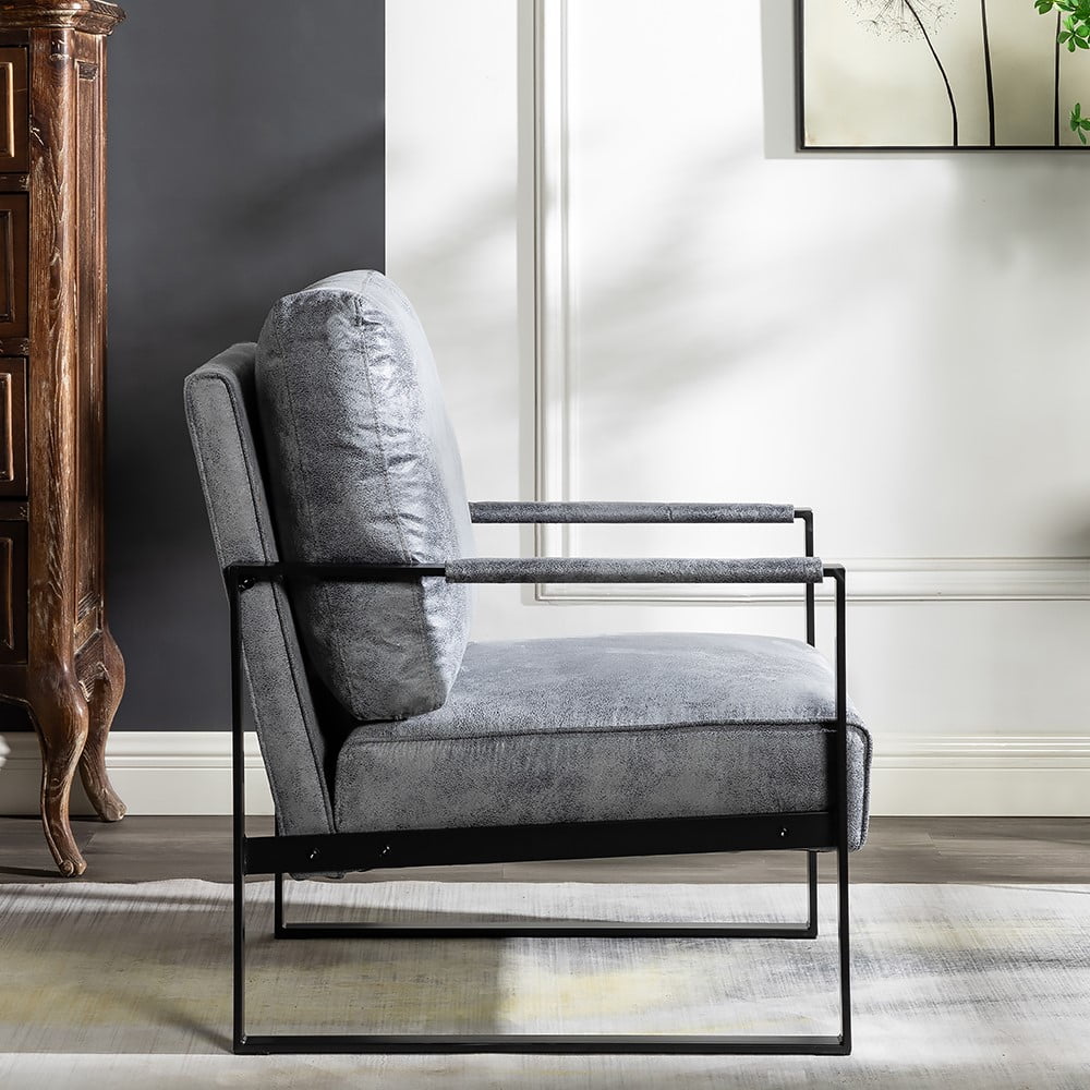 Mintazer Modern Microfiber Accent Chair, Square Metal Frame Lounge Armchair for Living Room Bedroom Office, Grey