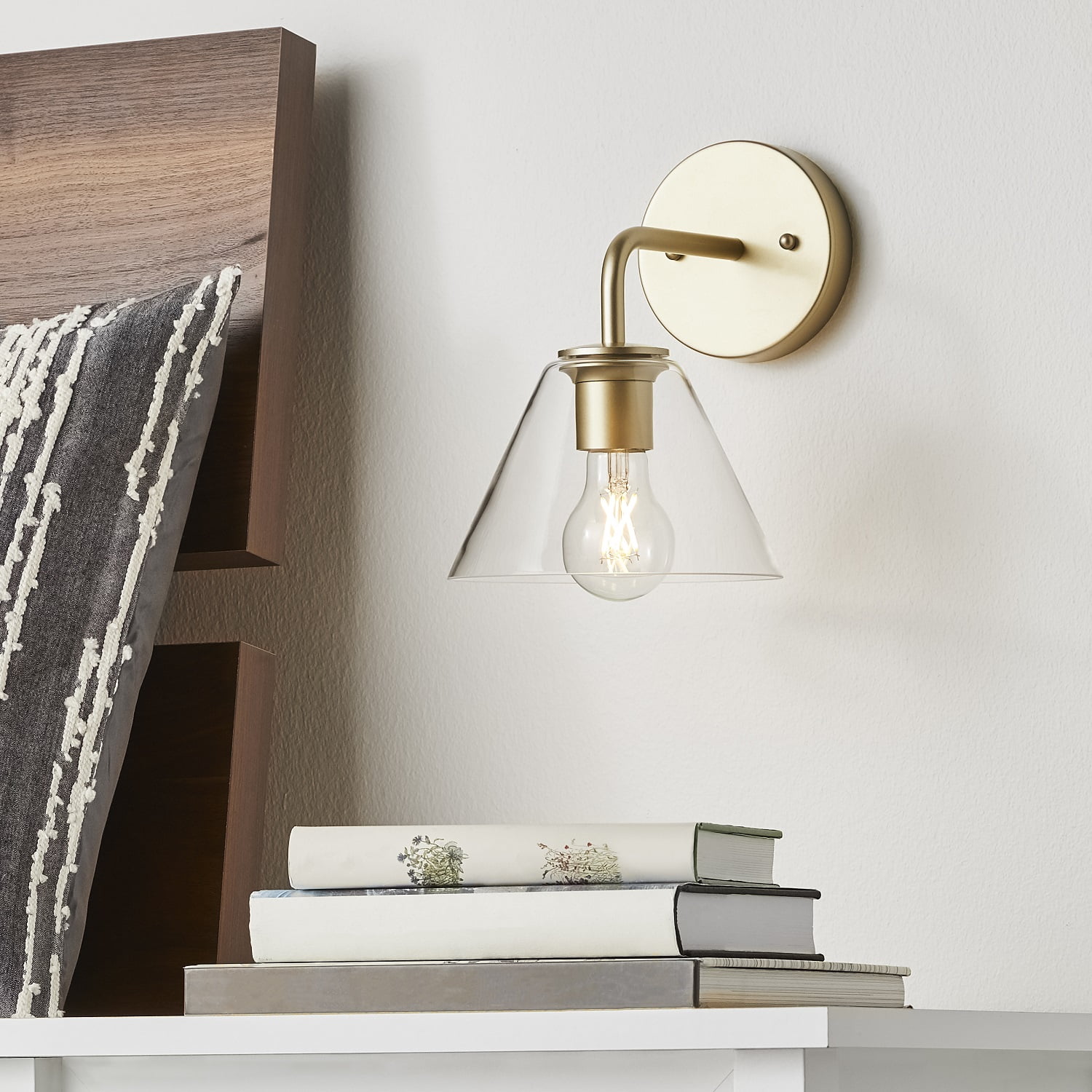 Better Homes & Gardens Clear Glass Wall Sconce, Burnished Brass, 1 Dimmable A19 LED Bulb Included